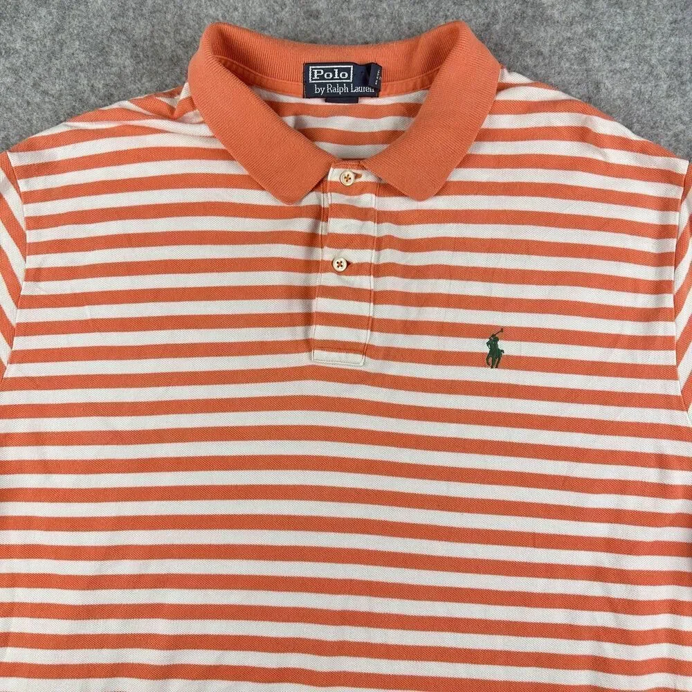 Polo Ralph Lauren Polo Shirt Mens 2XL Coral Striped Classic Short Sleeve Golf*